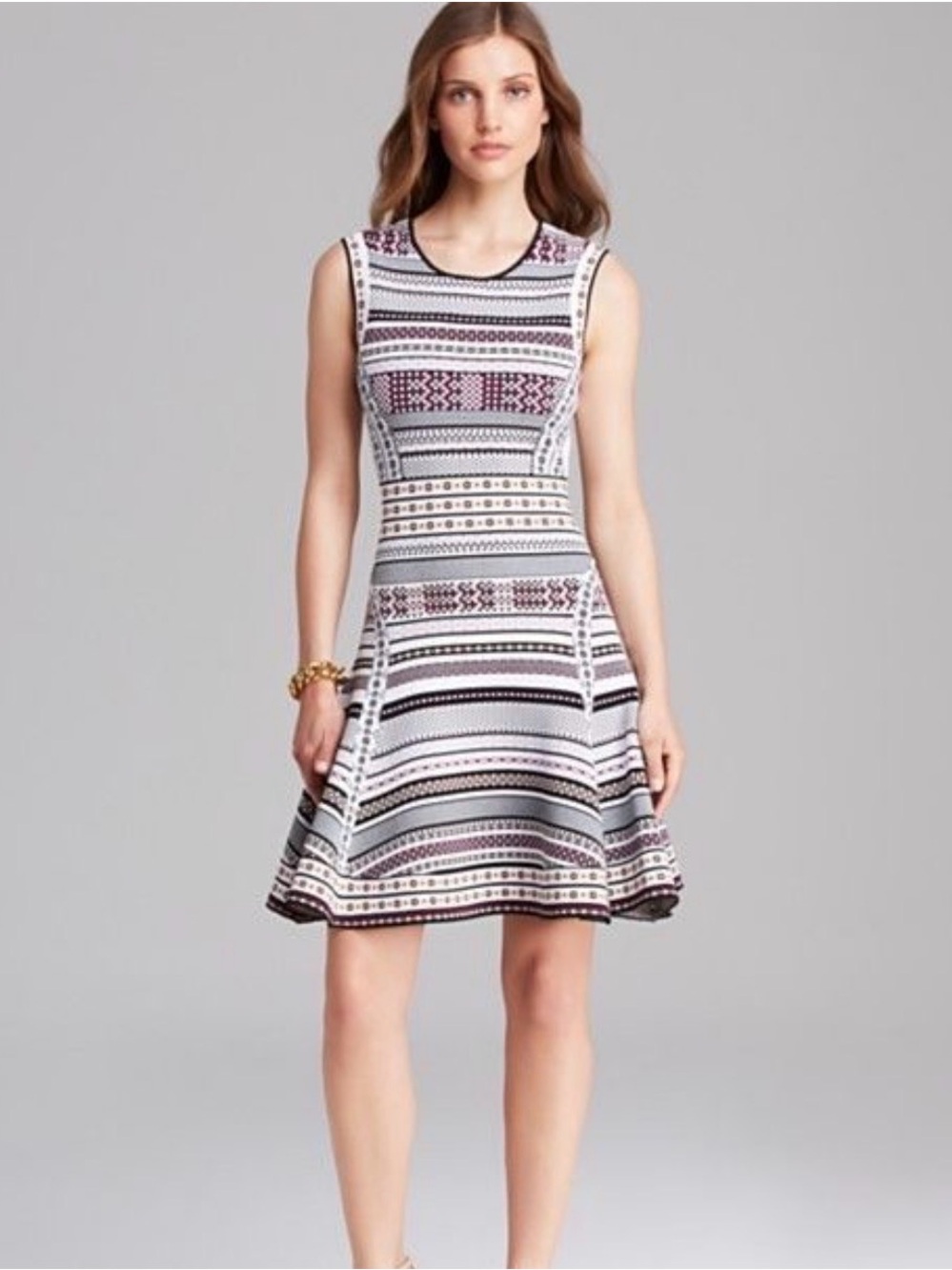 Sleeveless Patterned Fit & Flare Dress in White and Burgundy